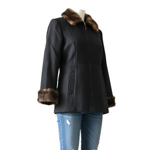 Mario de Pinto Coat Vintage Black Wool Blend Brown Faux Fur Animal Print Sz M